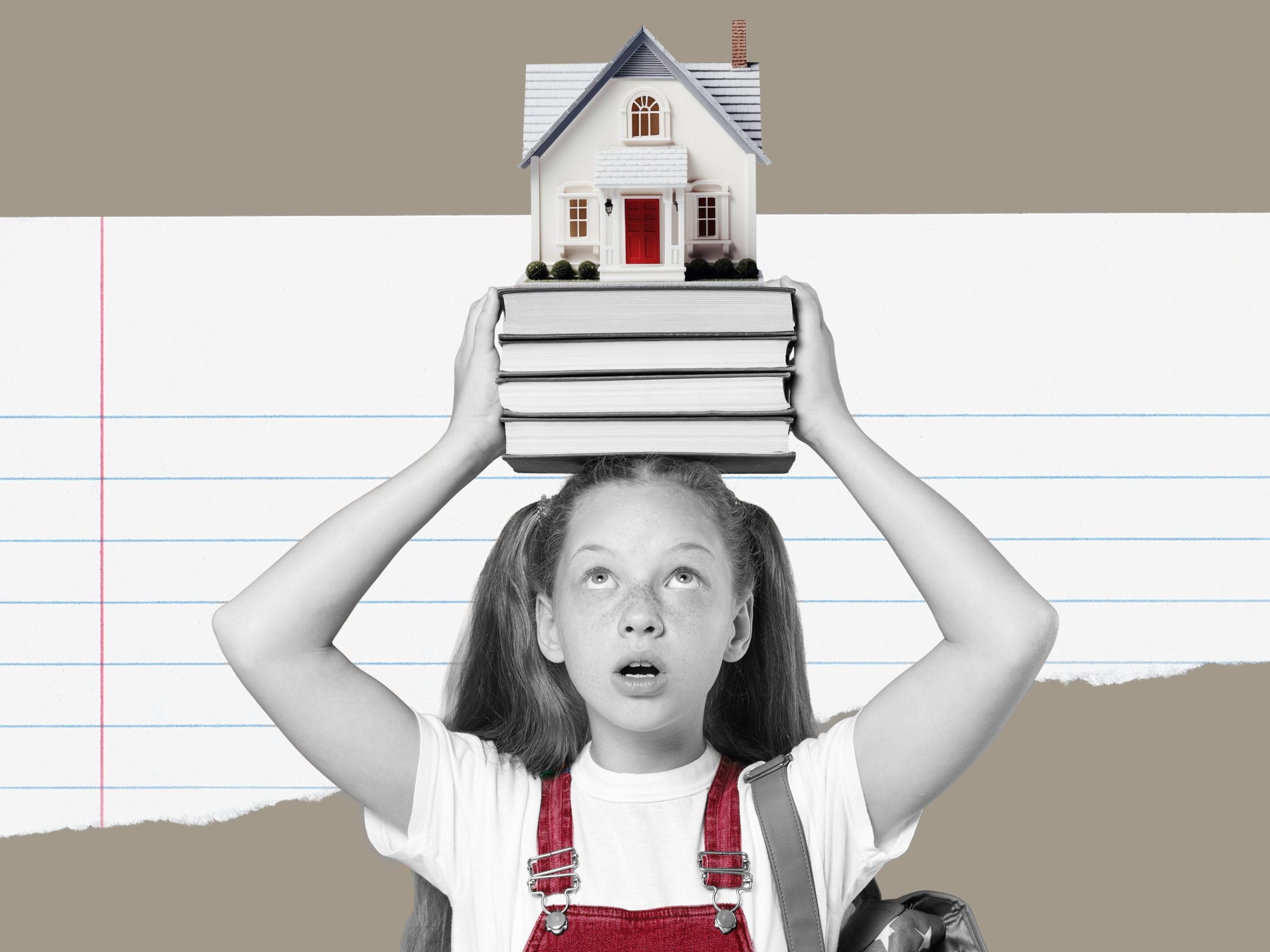 An illustration of a girl holding a stack of books and a house on her head.