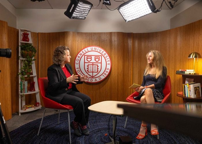 Dean Suzanne Shu and Cornell Chronicle writer Laura Reiley talk on the Research Matters podcast set.