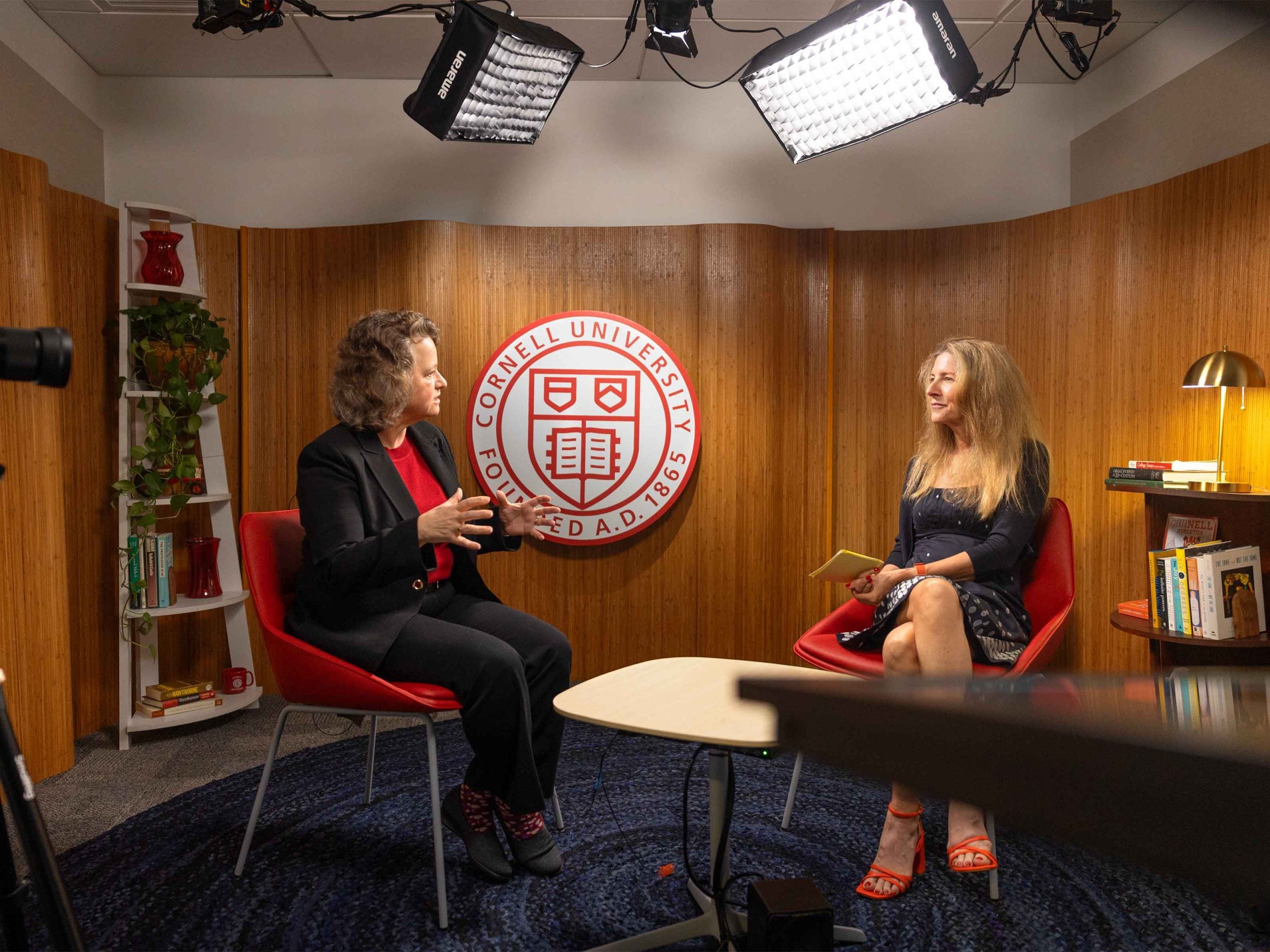 Dean Suzanne Shu and Cornell Chronicle writer Laura Reiley talk on the Research Matters podcast set.