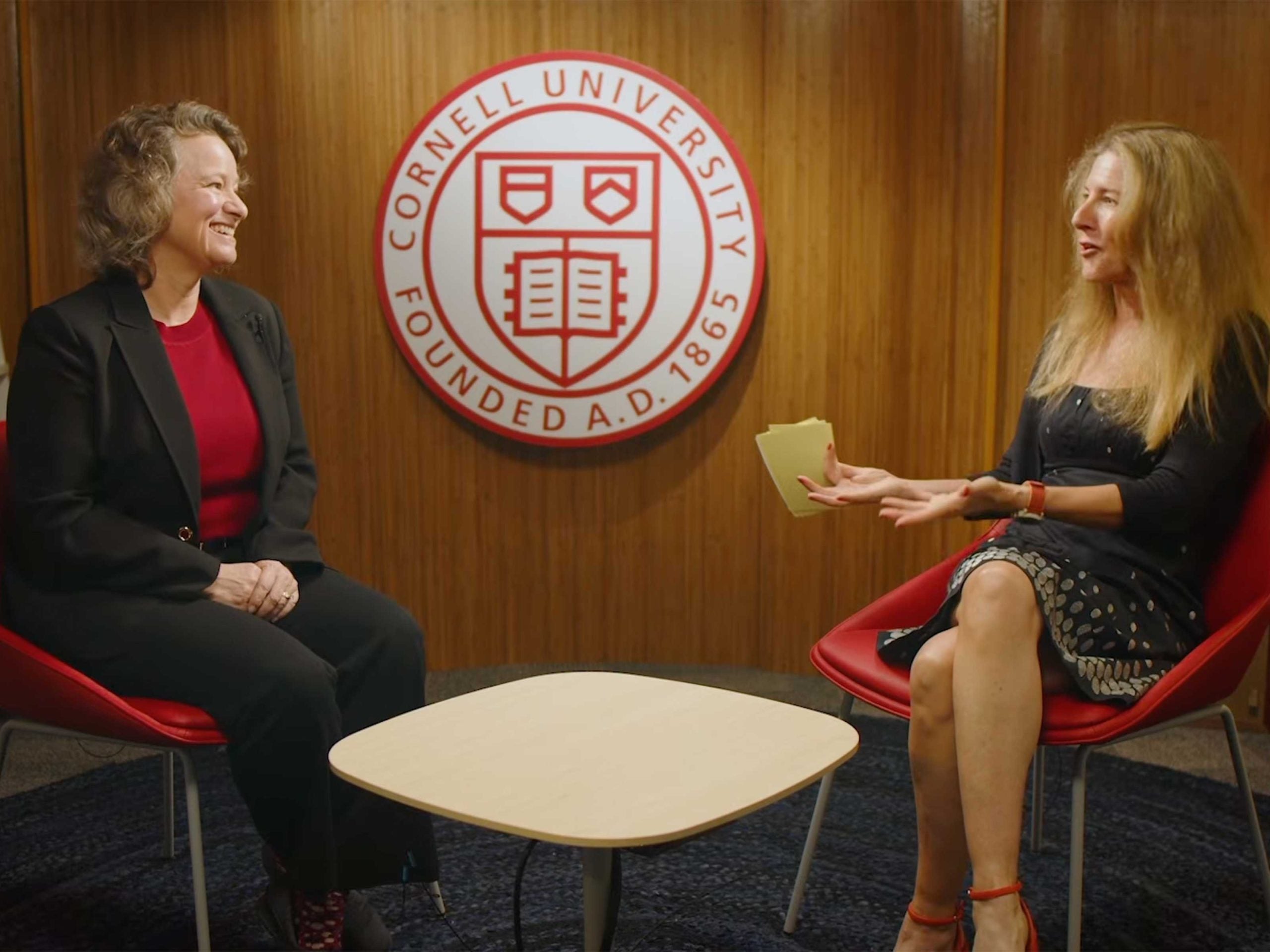 Dean Suzanne Shu and Cornell Chronicle writer Laura Reiley talk on the "Research Matters" podcast set.