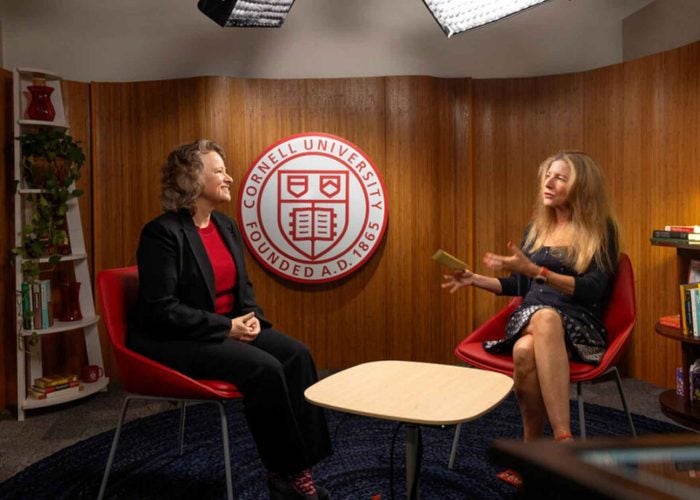 Dean Suzanne Shu and Cornell Chronicle writer Laura Reiley talk on the "Research Matters" podcast set.