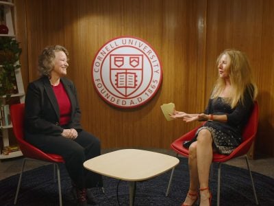 Dean Suzanne Shu and Cornell Chronicle writer Laura Reiley talk on the "Research Matters" podcast set.