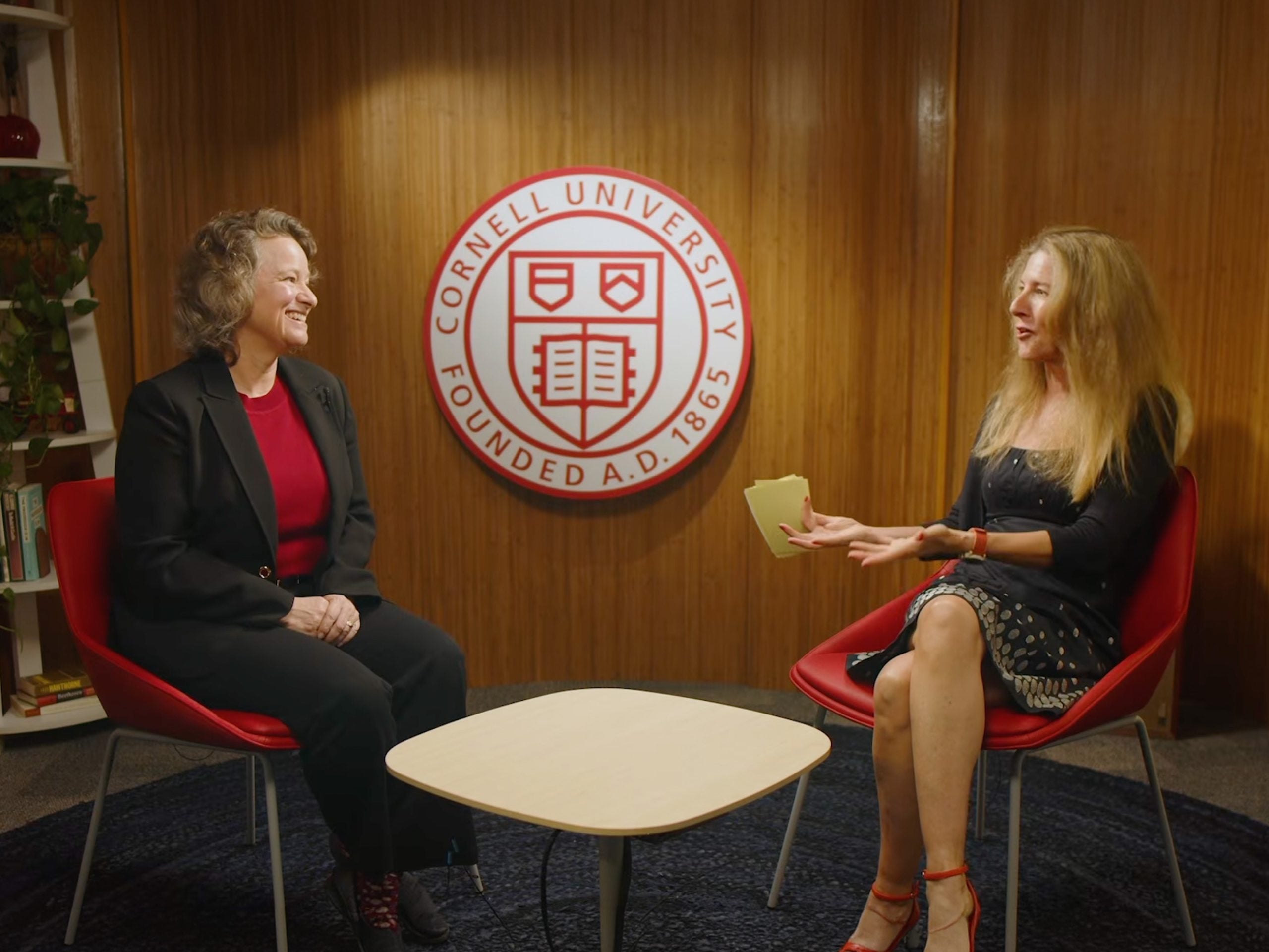 Dean Suzanne Shu and Cornell Chronicle writer Laura Reiley talk on the "Research Matters" podcast set.
