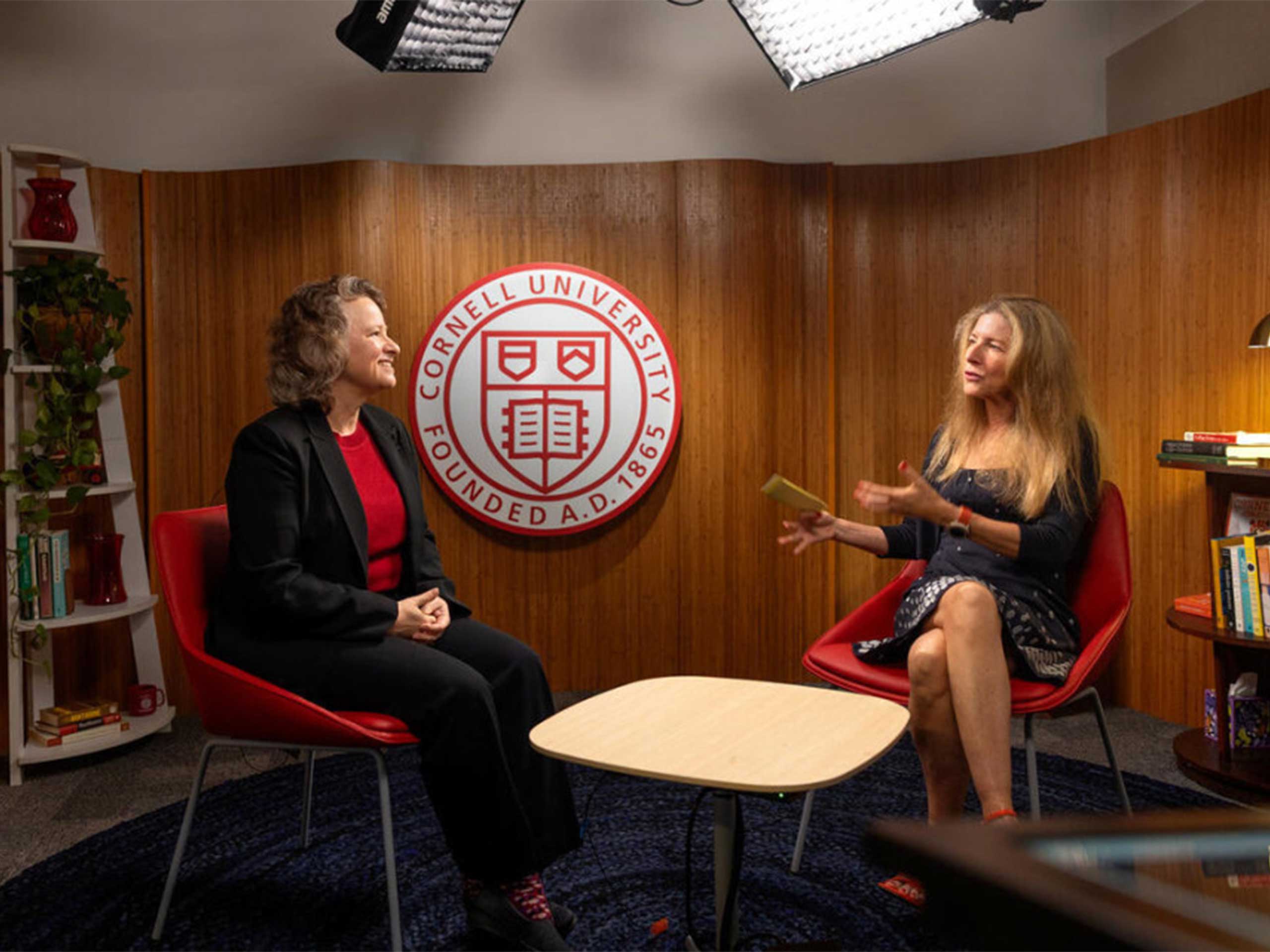 Dean Suzanne Shu and Cornell Chronicle writer Laura Reiley talk on the "Research Matters" podcast set.