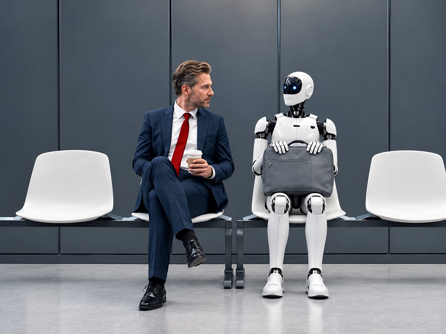 A man in a suit looks at a humanoid robot sitting next to him.