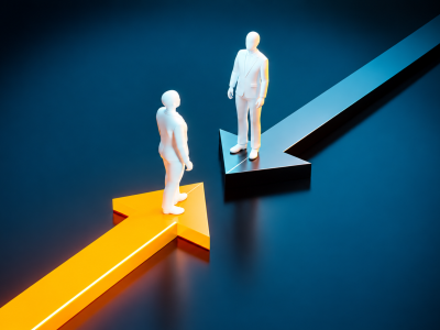 Illustration showing two professionals facing one another while standing on arrows indicating upward and downward progress.