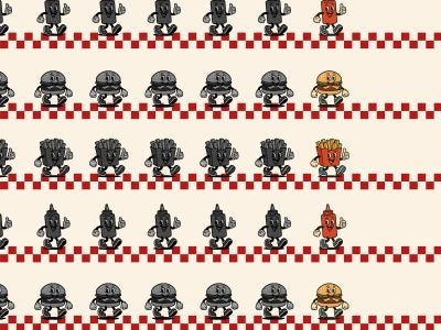 Five horizontal lines of fast food-related icons (like a burger, french fries and ketchup) moving from gray scale to full color.
