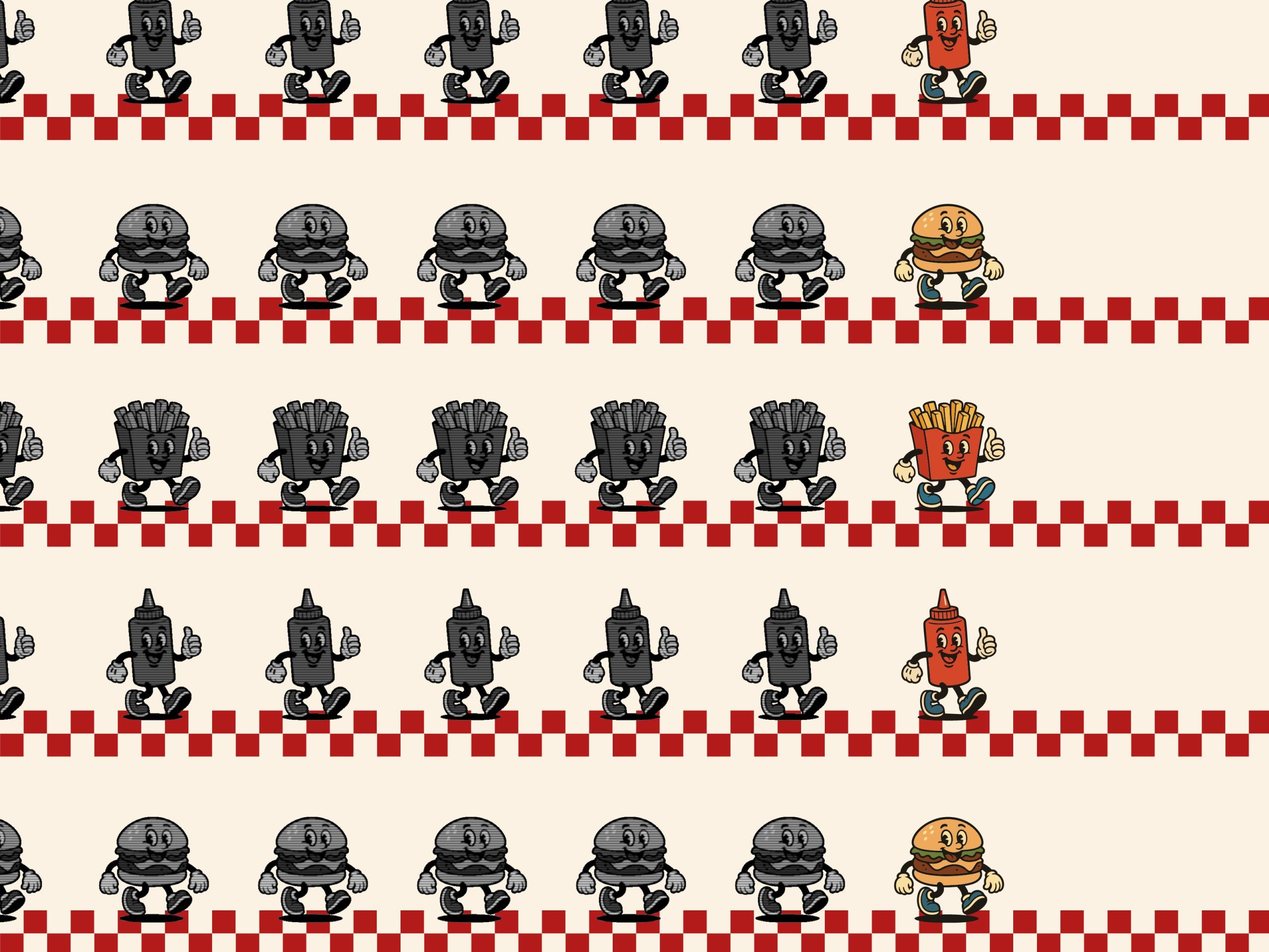 Five horizontal lines of fast food-related icons (like a burger, french fries and ketchup) moving from gray scale to full color.