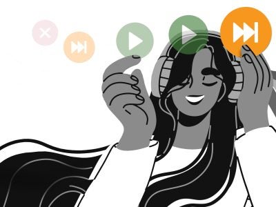 A cartoon woman with long hair wearing headphones with play and skip icons floating around her head.