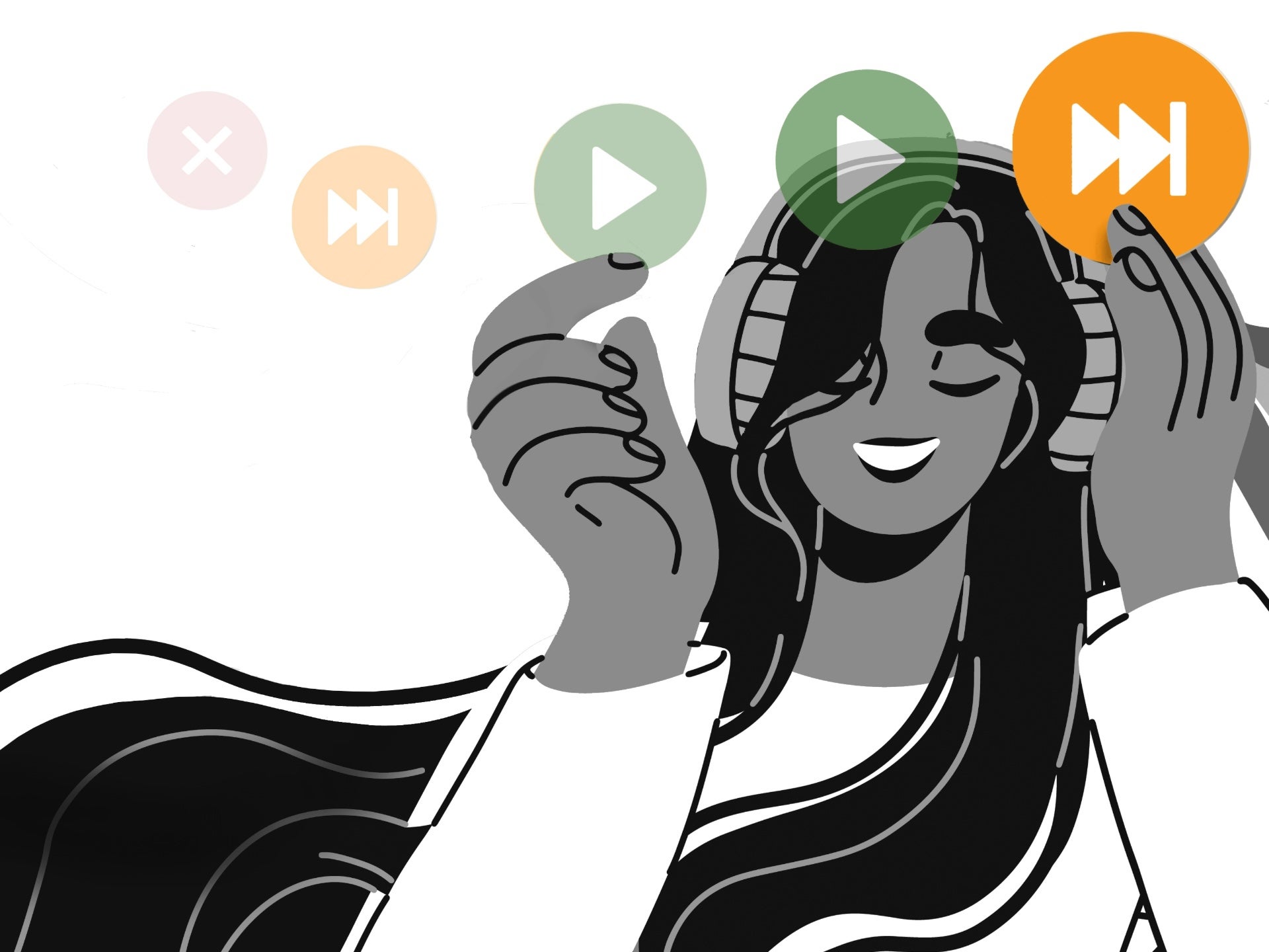 A cartoon woman with long hair wearing headphones with play and skip icons floating around her head.