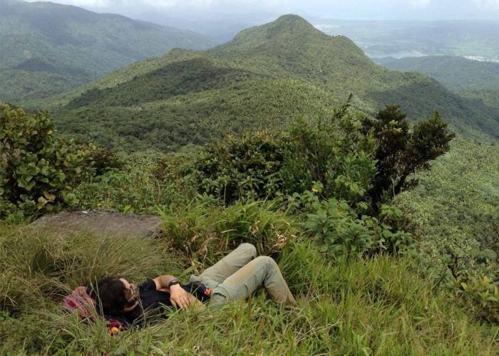 A person rests in the grass looking at a mountain.