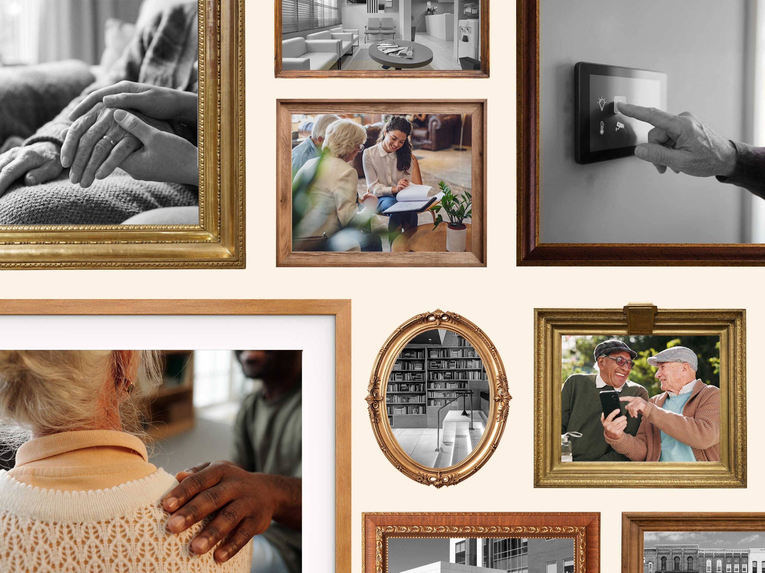 A collection of framed photos, featuring older adults, caretakers and service interfaces.