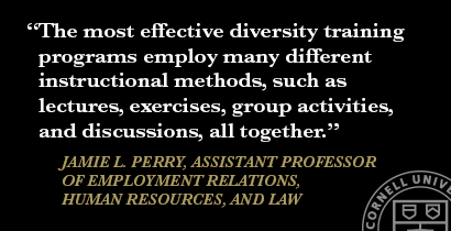 Quote card: "The most effective types of diversity training programs employ many different instructional methods, such as lectures, exercises, group activities, and discussions, all together."
