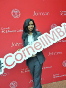 Chandni Prasad, Two-Year MBA ’19 with #CornellMBA sign