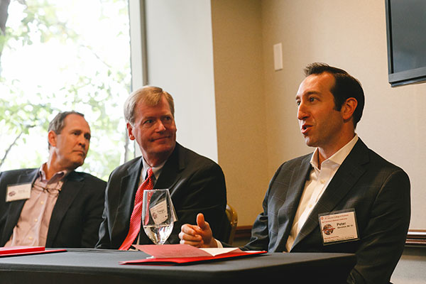 “Looking Back, Moving Forward” panel speakers. From left to right: David Tingue, MBA ’92, Dwight Vicks ’84, MBA ’91, and Peter Bernstein ’03.