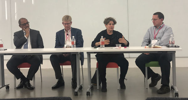 The evening’s panel for Building a Sustainable Future, One Cornellian at a Time. From left to right: Ram Akella, MBA ’03; Paul Sellew ’80; Laurie Kerr, MS ’79; and Mark Milstein, director of the Center for Sustainable Global Enterprise.