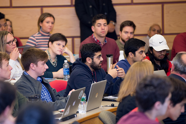 Audience members listening to Stanley Bergman at the BenDaniel Speaker Series in Business Ethics