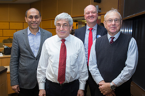 From left to right: Soumitra Dutta, dean of the Cornell SC Johnson College of Business; Stanley Bergman, ethics guest speaker and chairman of the board and chief executive officer at Henry Schein; Andrew Karolyi, associate dean for academic affairs; and David J. BenDaniel, the Don & Margi Berens Professor of Entrepreneurship at the ethics lecture
