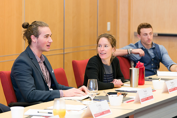 Image of Susan Fleming (center), senior lecturer at the Hotel School, participating in the entrepreneurship roundtable.