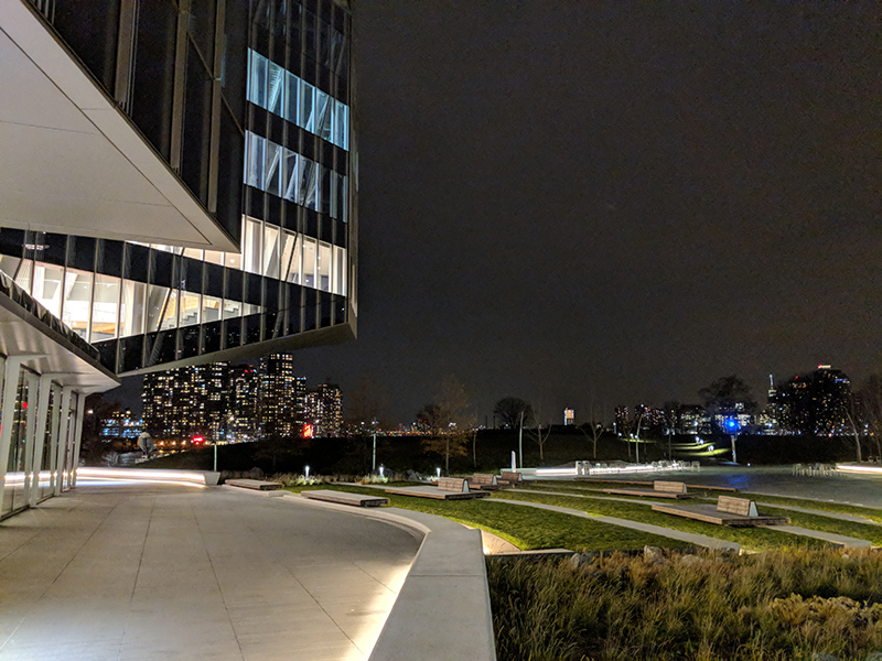 Photo of the Cornell Tech campus at night