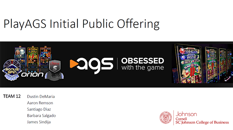 Cover slide titled PlayAGS Initial Public Offering with team members' names