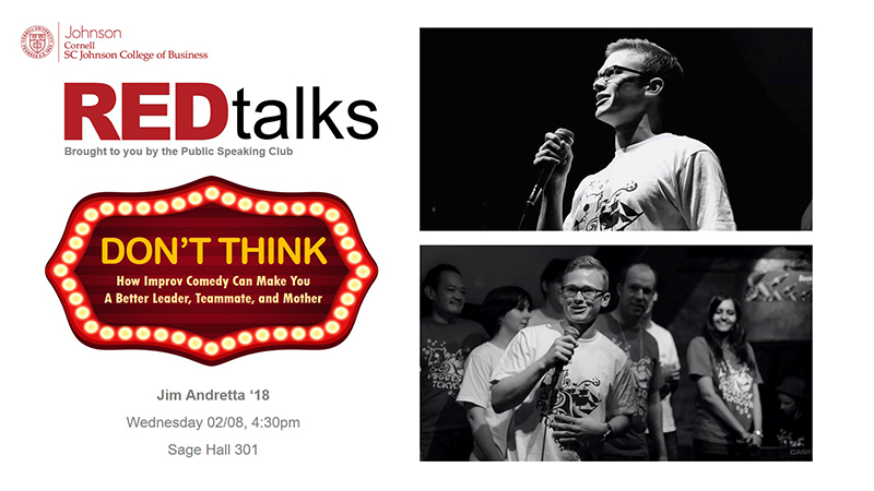 Flyer for Jim Andretta's REDtalk with two photos of him and its title: Don't Think: How Improv Comedy Can Make You A Better Leader, Teammate, and Mother