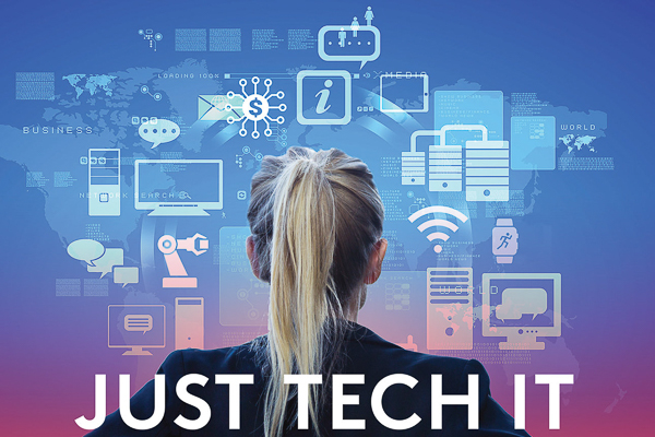 Woman looks at tech illustrations, Just Tech It
