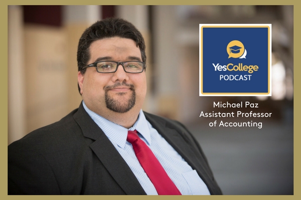Photo of Michael Paz, assistant professor of accounting, and Yes College logo