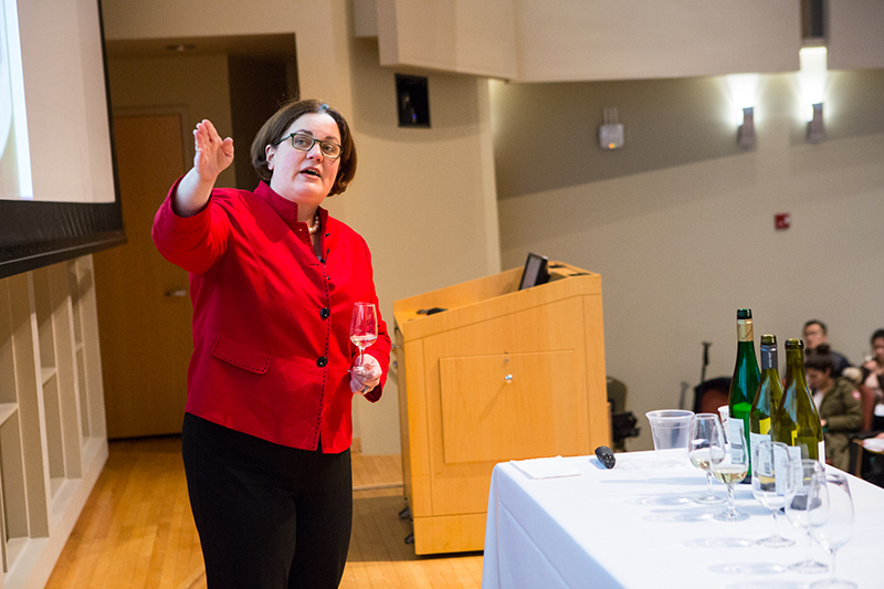 Photo of Cheryl Stanley teaching, pointing to board