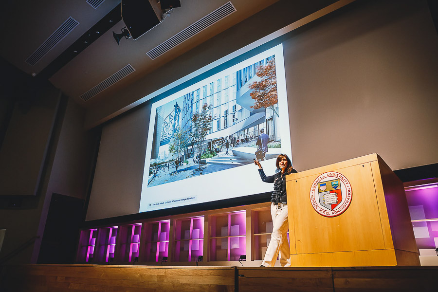 Photo of a women speaking in Statler Auditorium