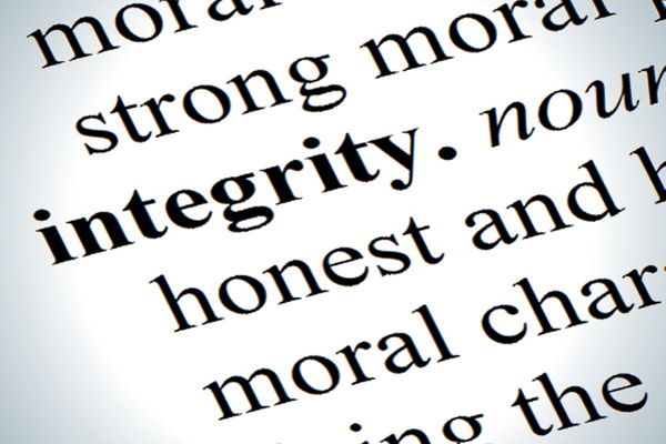 Photo of text that says: integrity, honest, moral character