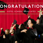 Photo of graduates tossing their caps that says "congratulations Hotel School graduates