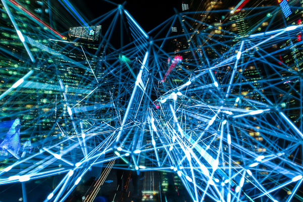 Abstract illustration of network, data, and cityscape