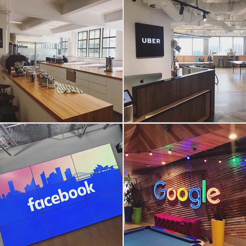 Photo collage: Uber, Facebook, and Google logos