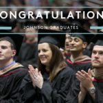 Photo of seated graduates that says Congratulations Johnson graduates