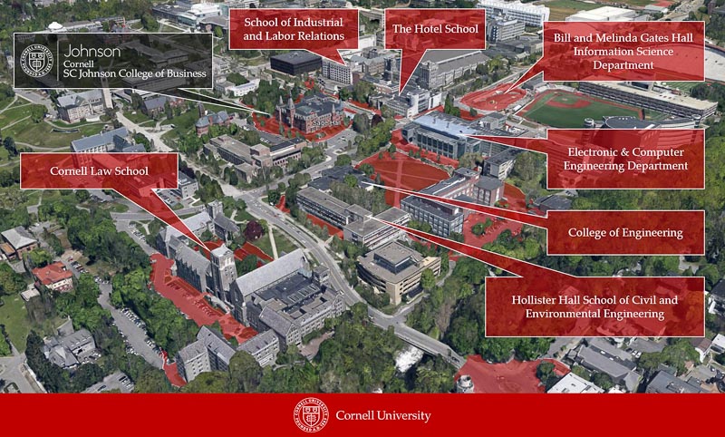 Photo of a map of Cornell's campus near Sage Hall. Includes building annotations to match paragraph below.