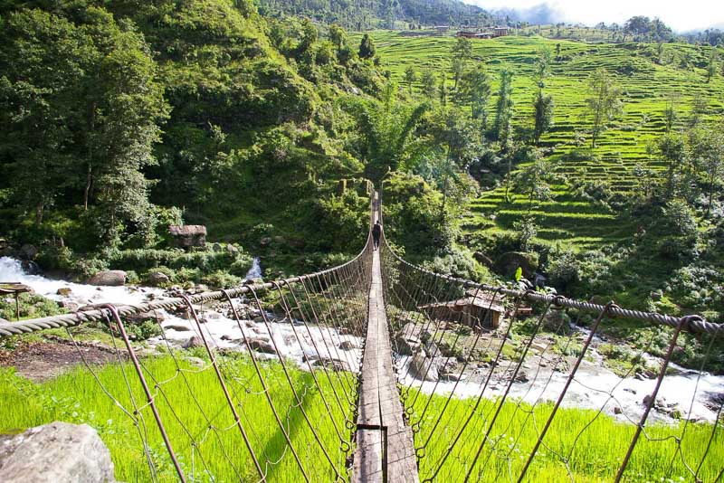 Photo of a high, long, narrow foot bridge over green areas and water