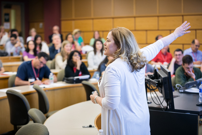 Photo of Risa speaking at the head of the classroom and pointing behind her