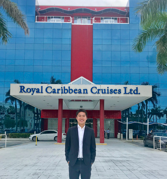 Elvis Ahn in front of Royal Caribbean Cruises Ltd. building