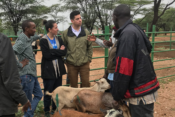 Photo of a group talking to Kenyans with sheep