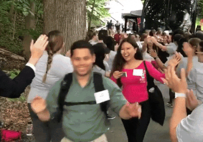 gif of students getting off the bus at JOE