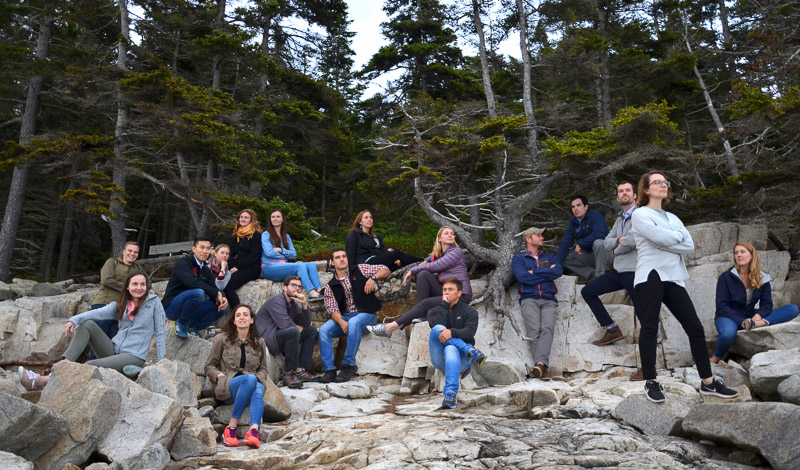 Interns in a group photo on boulders