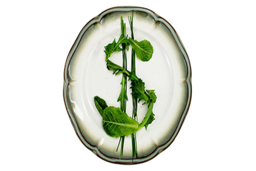 Salad greens in a dollar sign on dinner plate