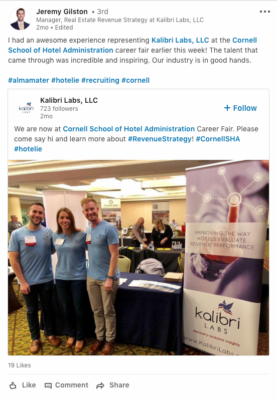 Screenshot of Jeremy's LinkedIn post: I had an awesome experience representing Kalibri Labs, LLC at the Cornell School of Hotel Administration career fair earlier this week!