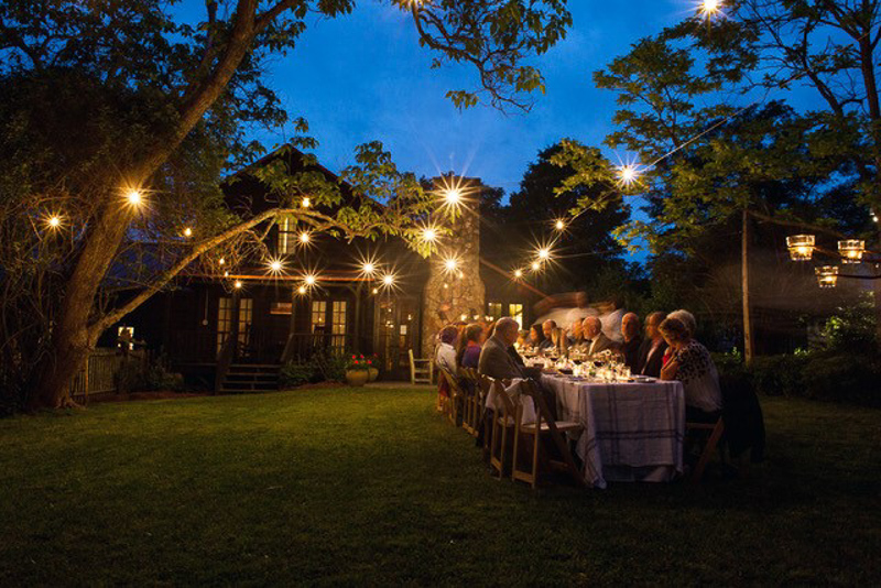 Illuminated building and lawn