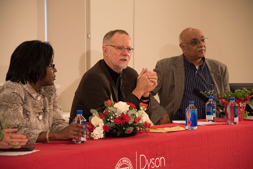Left to right: Eva Steiner, assistant professor of real estate, School of Hotel Administration; Lynn Wooten, David J. Nolan Dean and professor of management and organizations, Charles H. Dyson School of Applied Economics and Management; Robert H. Frank, Henrietta Johnson Louis Professor of Management and professor of economics, Samuel Curtis Johnson Graduate School of Management.