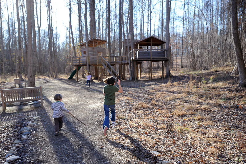 Children playing near the treehouse