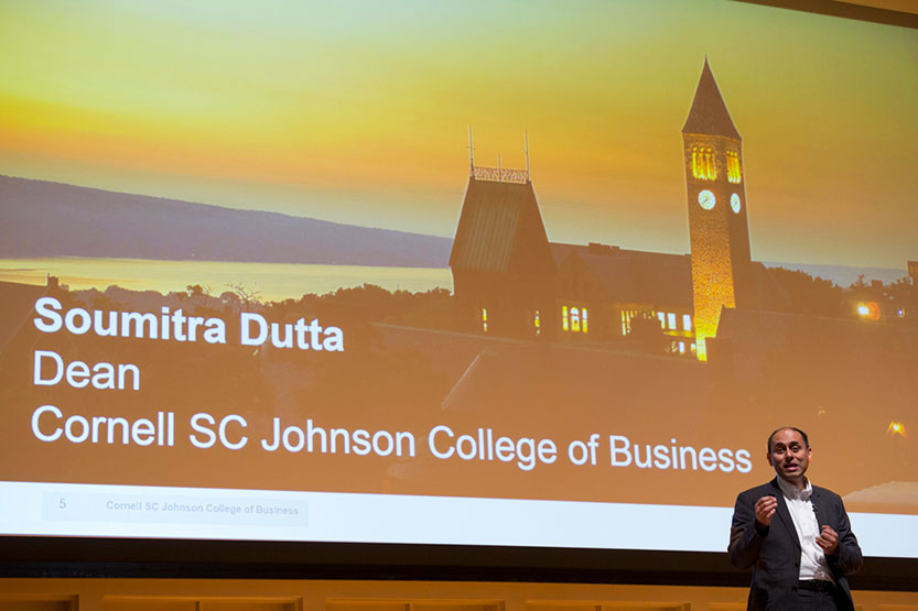 Soumitra Dutta, dean of the Cornell SC Johnson College of Business, addresses the incoming class at an Orientation event