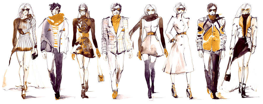 Illustration of eight fashion models side by side