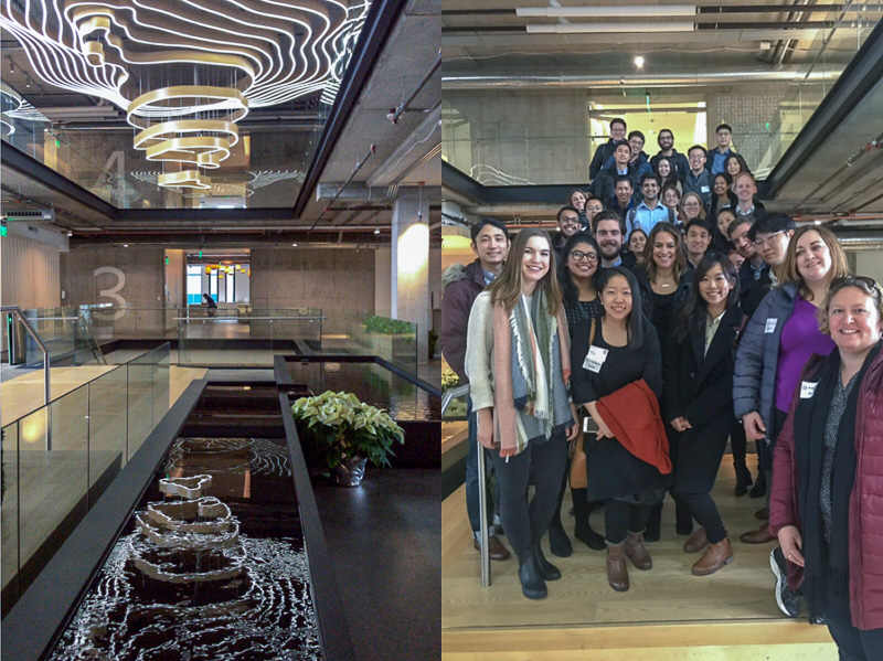 Seattle office scenic on the left and a group standing together on the right